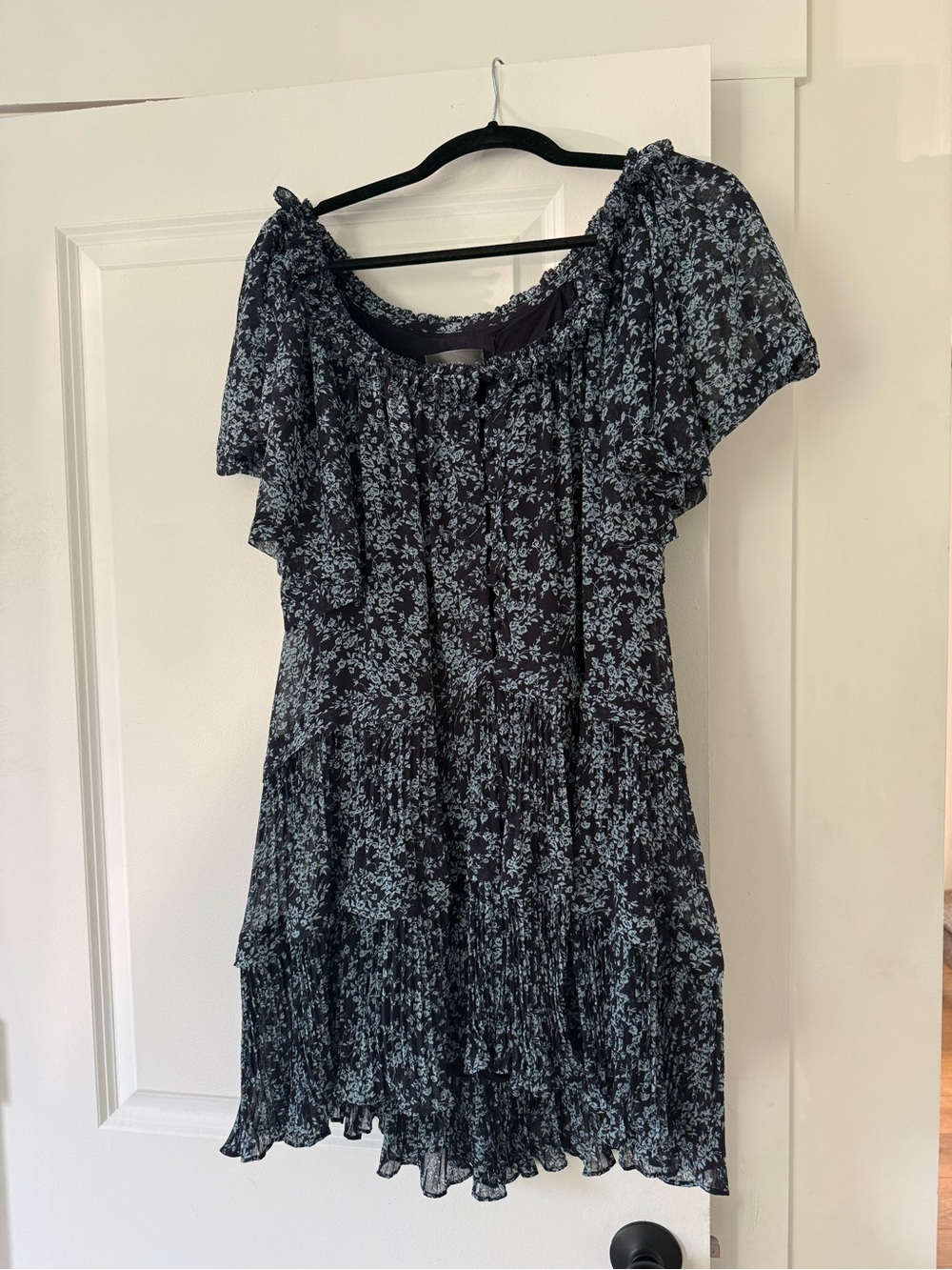 Anthropologie Black Mini Dress with Pale Blue Floral Print